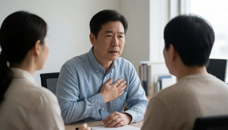가슴에 손을 얹고 불편함을 느끼는 중년 남성의 모습