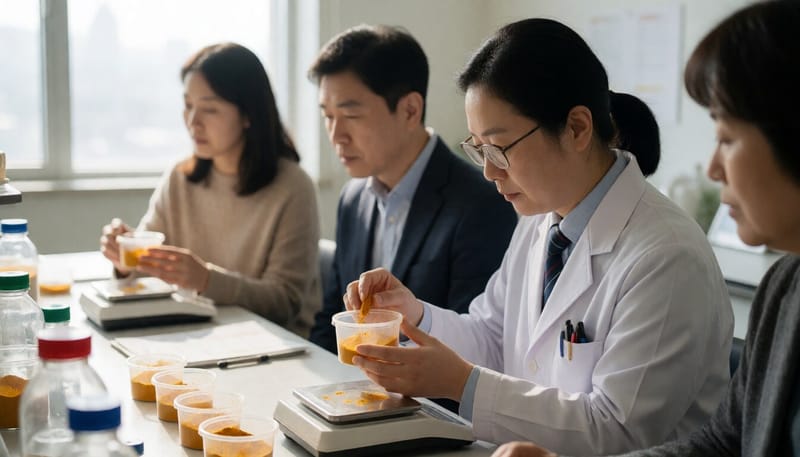 실험실에서 강황가루 시료를 검사하는 모습