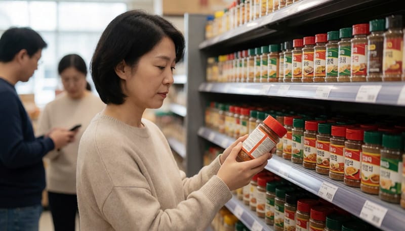 마트에서 강황가루 제품 표시를 확인하는 소비자