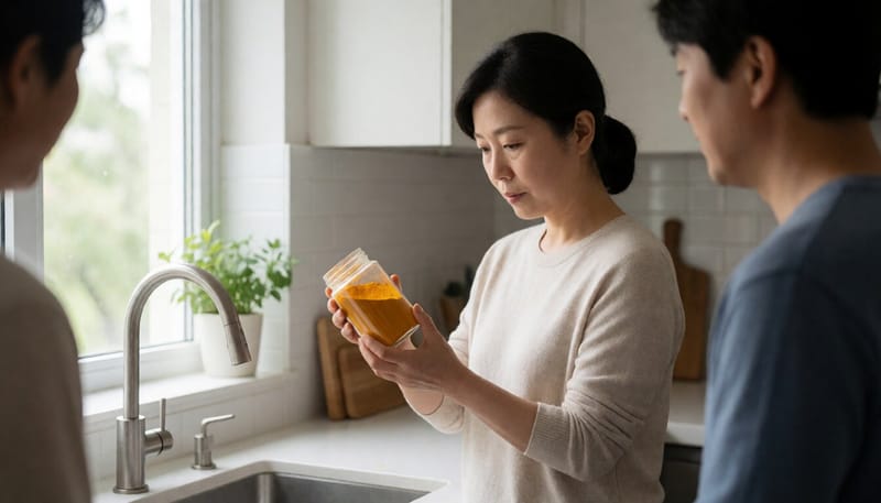 주방에서 강황가루 용기를 살펴보는 여성