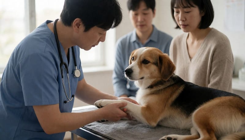 동물병원에서 반려견의 다리 관절을 살펴보는 수의사