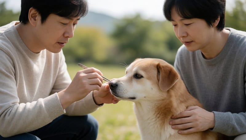 핀셋으로 반려견 몸에 붙은 진드기를 제거하는 장면