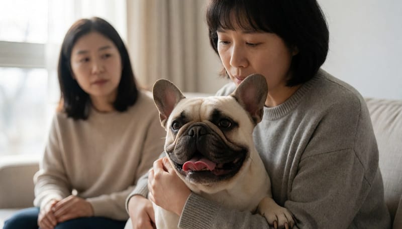 가쁘게 숨을 몰아쉬는 단두종 강아지를 걱정스럽게 바라보는 보호자