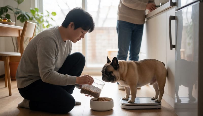 체중계에 올라간 단두종 반려견과 사료량을 재는 보호자