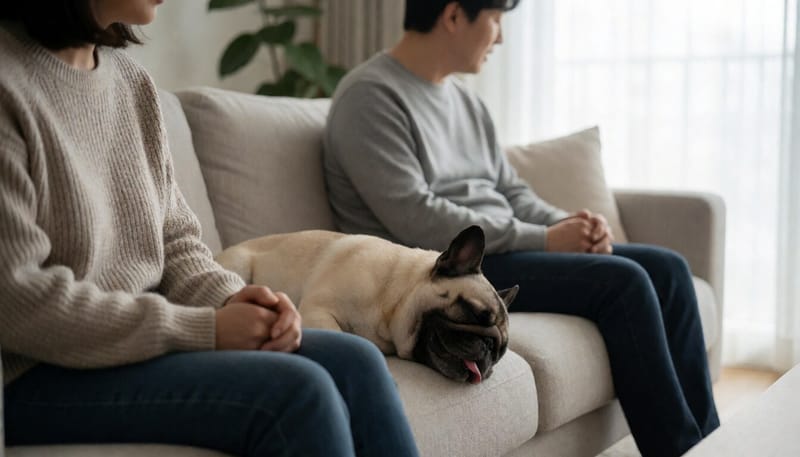 소파에서 잠든 단두종 반려견이 코를 골고 있는 모습