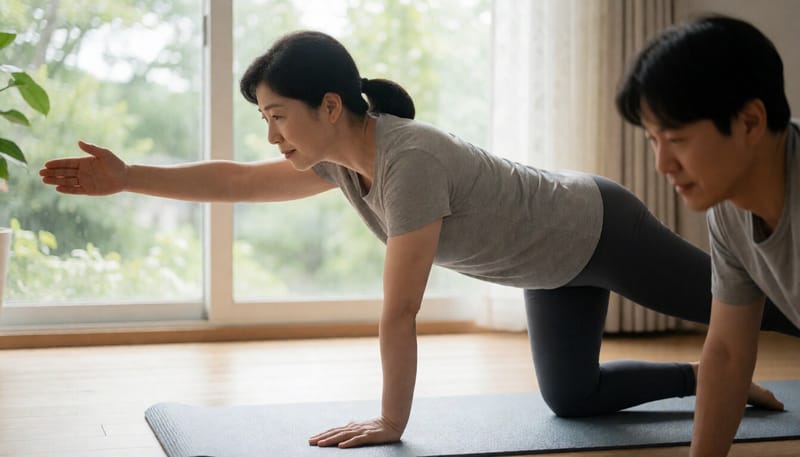 반대쪽 팔다리를 뻗어 버드독 동작을 수행하는 여성