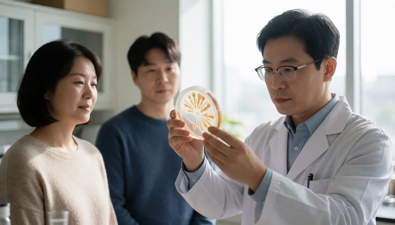 실험실에서 장내세균 배양 접시를 살펴보는 연구원