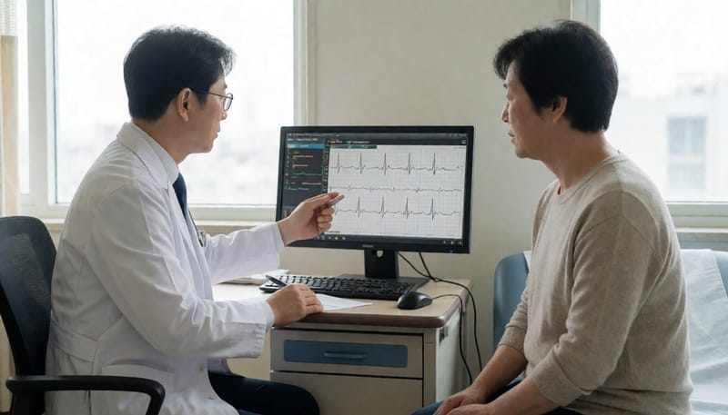 진료실에서 심전도 결과를 확인하는 의료진과 환자