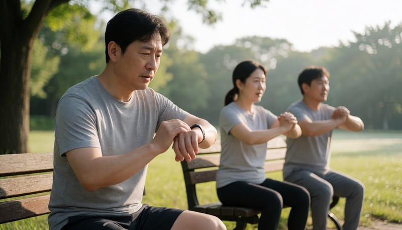 아침 운동 중 스마트워치를 확인하는 남성