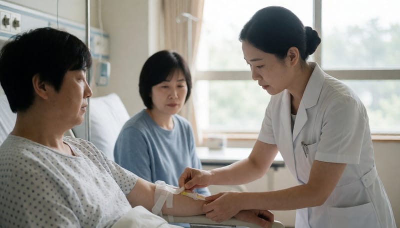병실에서 환자의 정맥주사 라인을 확인하는 간호사