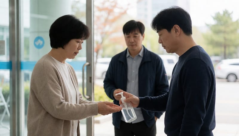 병원 방문 전 손소독제를 사용하는 보호자