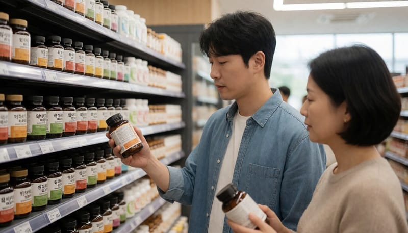 마트 건강기능식품 매대에서 제품 라벨을 확인하는 소비자