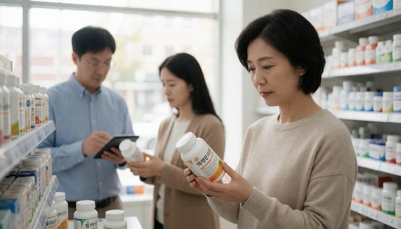 약국에서 건강기능식품 라벨을 살펴보는 여성