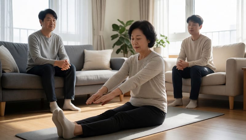거실에서 스트레칭하는 중년 여성