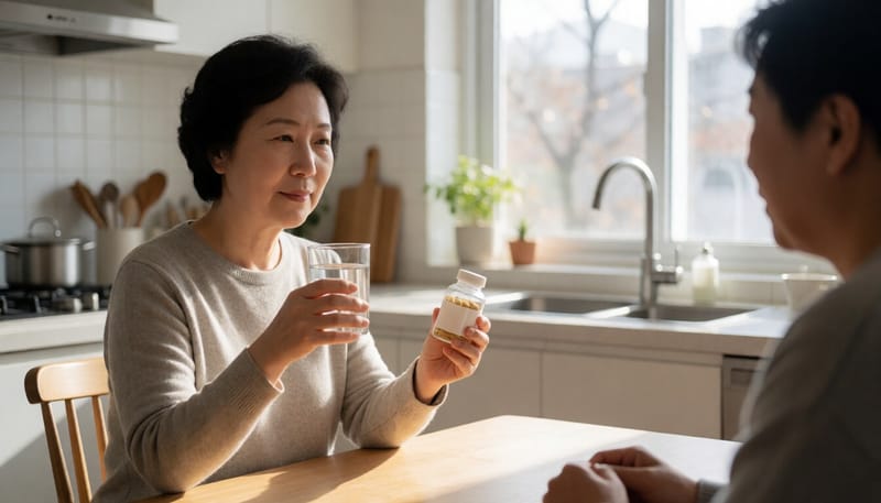 식탁에 앉아 영양제를 챙기는 중년 여성의 모습