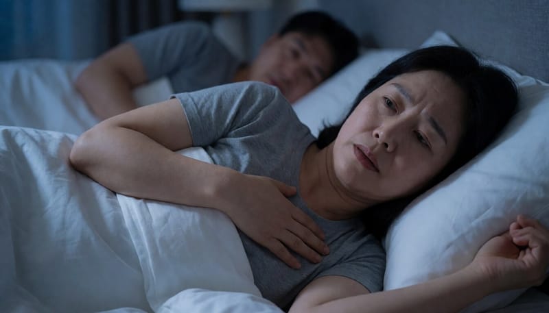 밤에 잠을 이루지 못하고 뒤척이는 여성의 모습