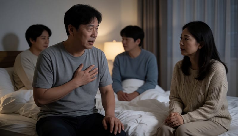 밤에 가슴을 움켜쥐고 불편해하는 남성의 모습