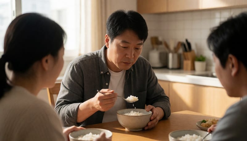 부드러운 죽을 숟가락으로 떠먹는 한국인 남성