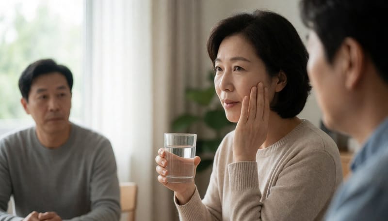 입안 통증으로 뺨을 감싸쥔 한국인 여성이 물컵을 들고 있는 모습