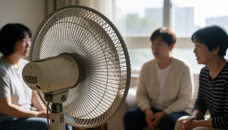 먼지가 두껍게 쌓인 선풍기 날개 클로즈업