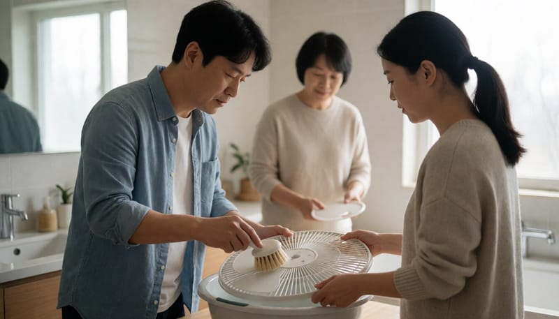 분리한 선풍기 부품을 세척하는 모습