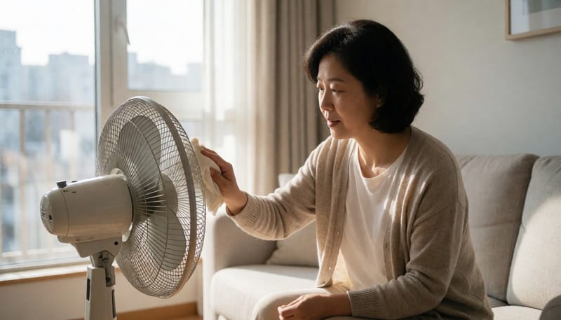 선풍기 날개의 먼지를 닦아내는 여성