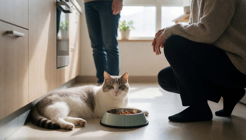 사료를 먹지 않고 기운 없이 누워 있는 고양이