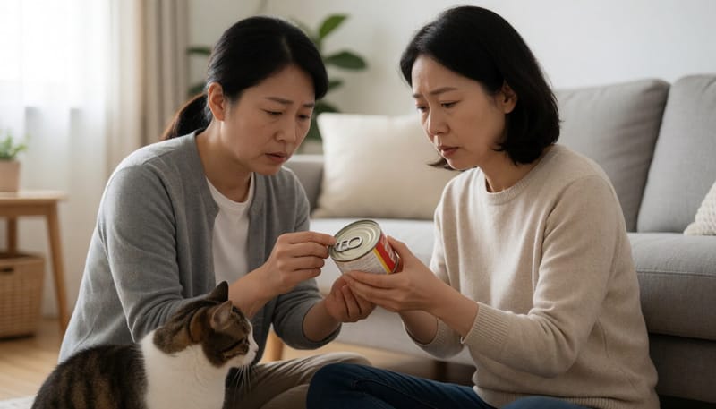 반려묘 보호자가 집에서 캔사료 라벨을 살펴보는 모습