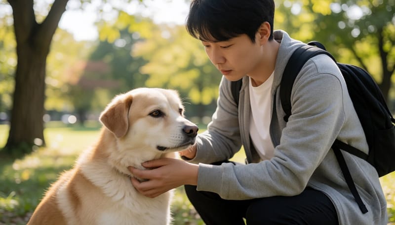 산책을 마친 반려견의 털을 꼼꼼히 살피는 보호자