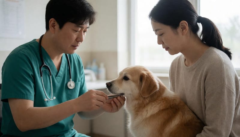 수의사가 전용 도구로 반려견의 진드기를 제거하는 모습