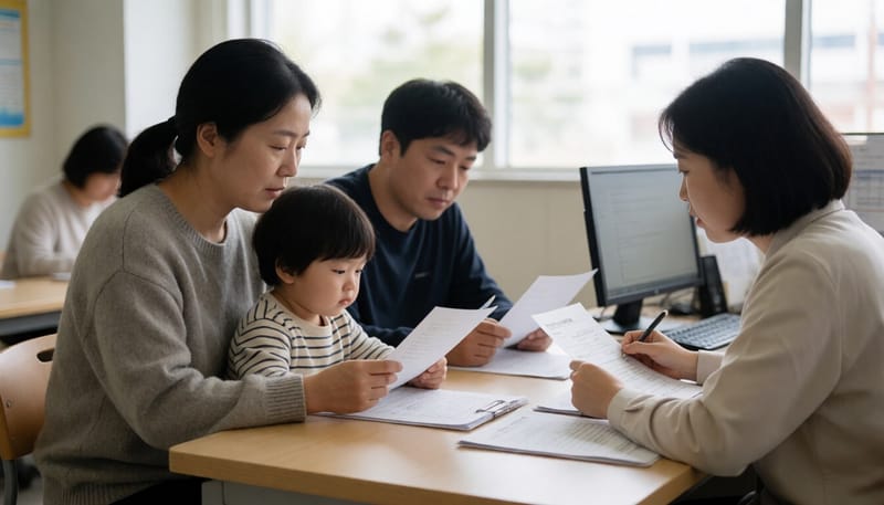 주민센터에서 발달재활서비스 바우처 관련 서류를 상담받는 모습