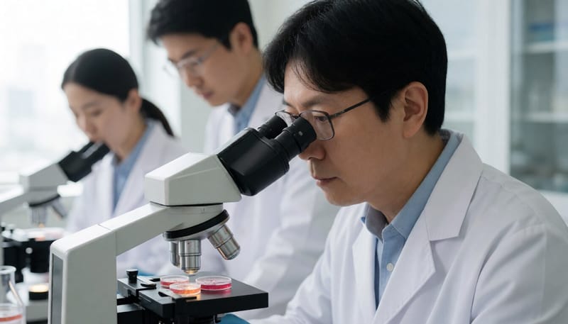 현미경으로 세포 배양 샘플을 관찰하는 연구자