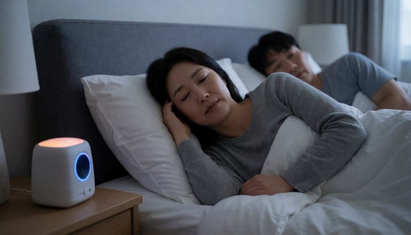 밤에 배경음을 들으며 편안히 휴식하는 여성