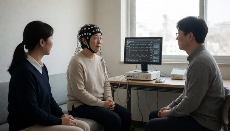 뇌파 측정 장치를 착용하고 뉴로피드백 훈련을 받는 모습