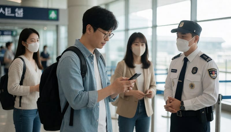 출국장에서 스마트폰 알림을 확인하는 여행객