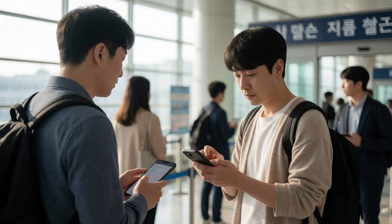 공항 검역대 앞에서 스마트폰 알림을 확인하는 여행객