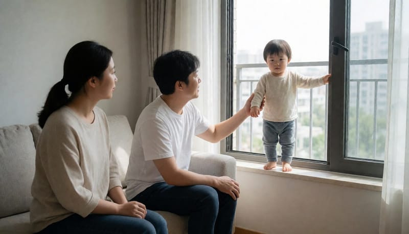 창문 근처에서 아이를 안전하게 붙잡는 보호자의 모습