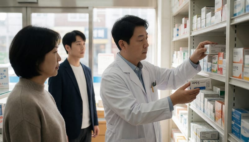 약국에서 의약품을 정리하는 약사의 모습