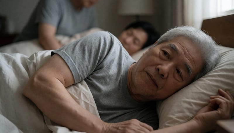침대에 누워 고개를 돌리다 어지럼을 느끼는 남성