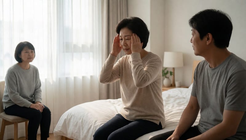아침에 침대에 앉아 어지럼증으로 머리를 짚고 있는 여성