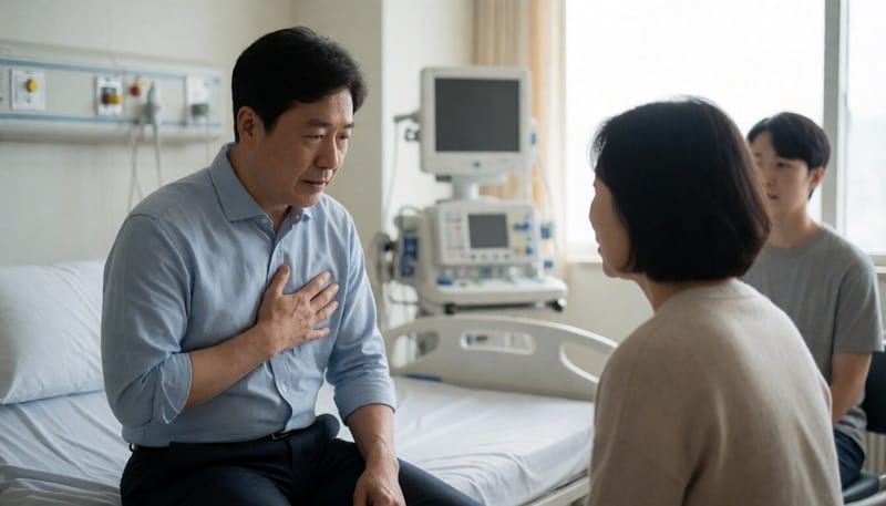 응급실 침대에 앉아 가슴 통증을 호소하는 남성