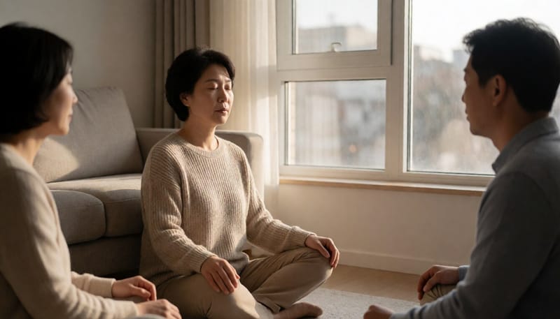 거실에서 천천히 호흡하며 안정을 취하는 여성