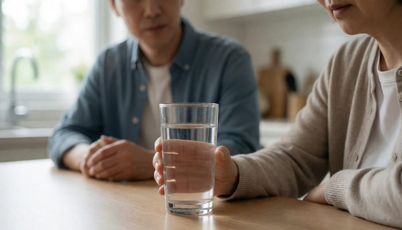 물이 담긴 컵을 들고 있는 손 클로즈업