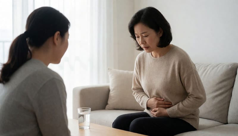 배를 움켜쥐고 통증을 참는 여성의 모습
