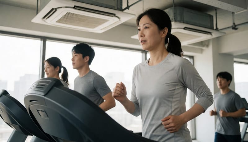 실내 체육관에서 러닝머신으로 달리며 숨이 가빠지는 모습