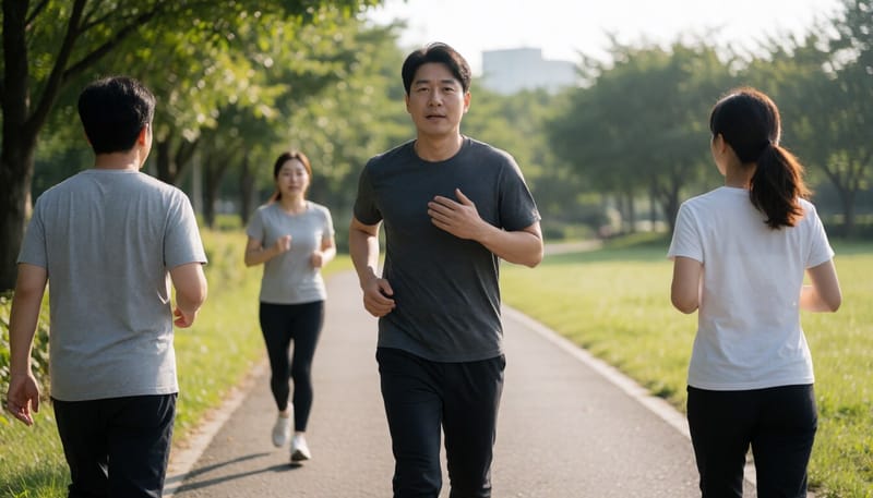 여름철 야외에서 조깅하다 숨이 차 걷는 모습