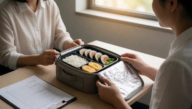 여름철 도시락 가방에 담긴 계란말이와 김밥