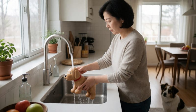 강아지 장난감을 싱크대에서 세척하는 보호자의 모습