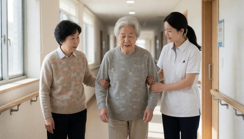 요양병원 복도에서 간병인이 환자의 보행을 돕는 모습