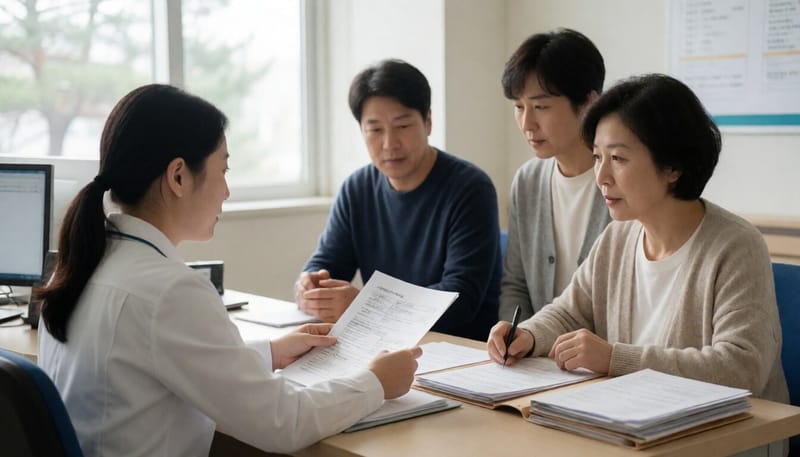병원 원무과에서 직원이 보호자에게 서류를 안내하는 모습